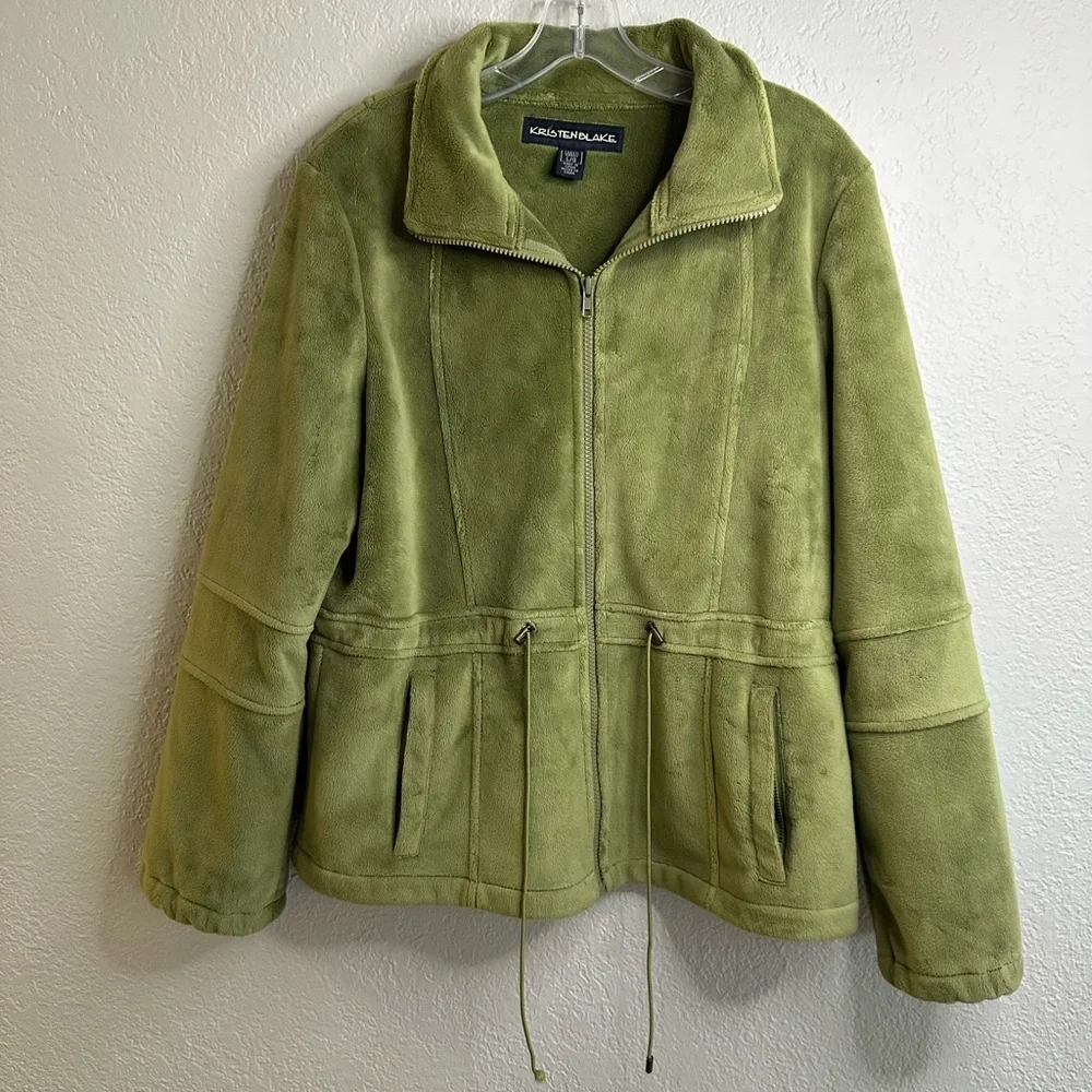Vintage Kristen Blake GreenTeddy Fleece Zip-Up Jacket Drawstring Waist Size L - Picture 3 of 15